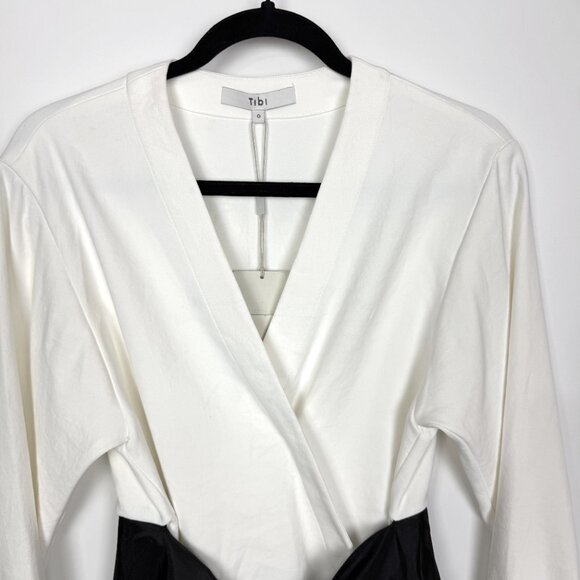NWT Tibi Chalky Drape Dolman Sleeve Tie Waist Top Ivory Black Size 0 - Picture 3 of 10